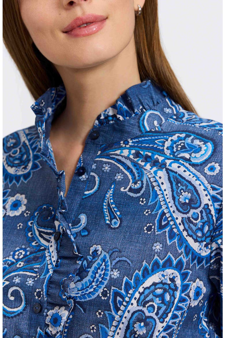 Sadie Paisley Ruffle Cotton Poplin Button-Up Shirt, Alternate, color, BLUE/ MULTI