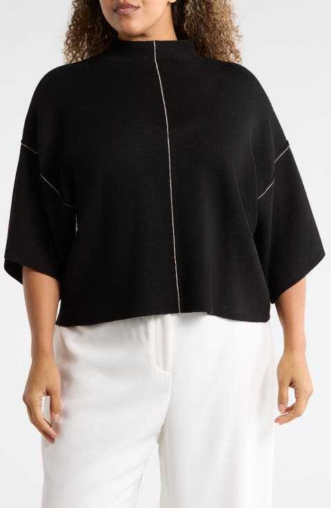 Mock Neck Elbow-Length Sleeve Sweater (Plus)