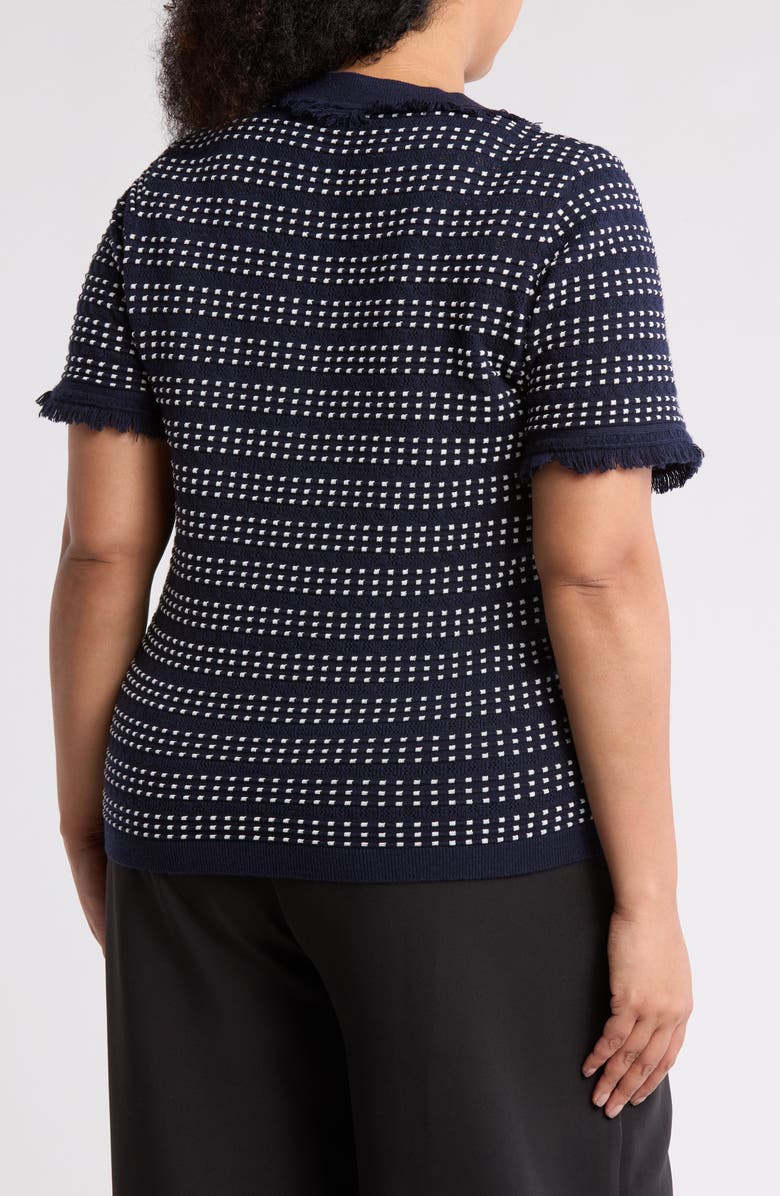 Adrianna Papell Fringe Trim Short Sleeve Crop Sweater, Alternate, color, Navy/ Ivory