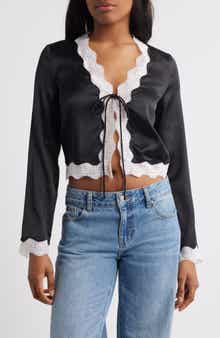 NASTY GAL Lace Trim Tie Front Satin Top