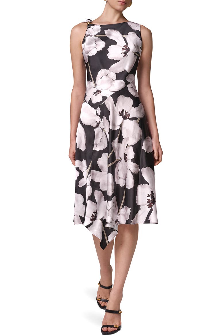Floral Asymmetric Hem Satin Charmeuse Dress, Main, color, BLK/ IVRY M