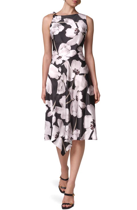 Floral Asymmetric Hem Satin Charmeuse Dress