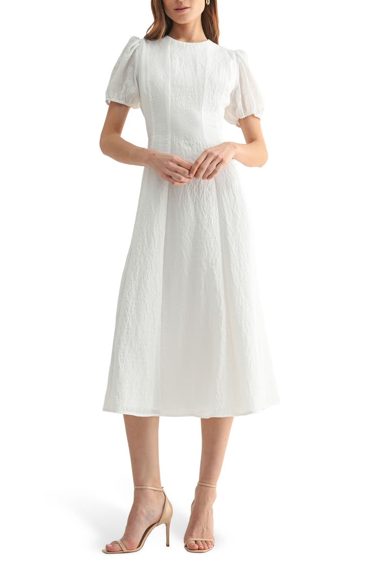Puff Sleeve A-Line Midi Dress, Main, color, OFF WHITE