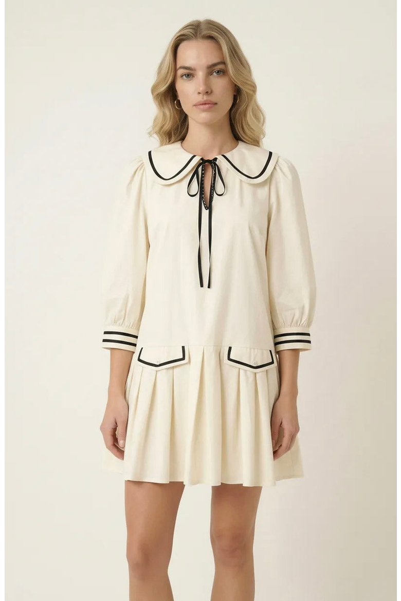 Long-Sleeve Pleated Mini Dress, Alternate, color, Off-white / Black