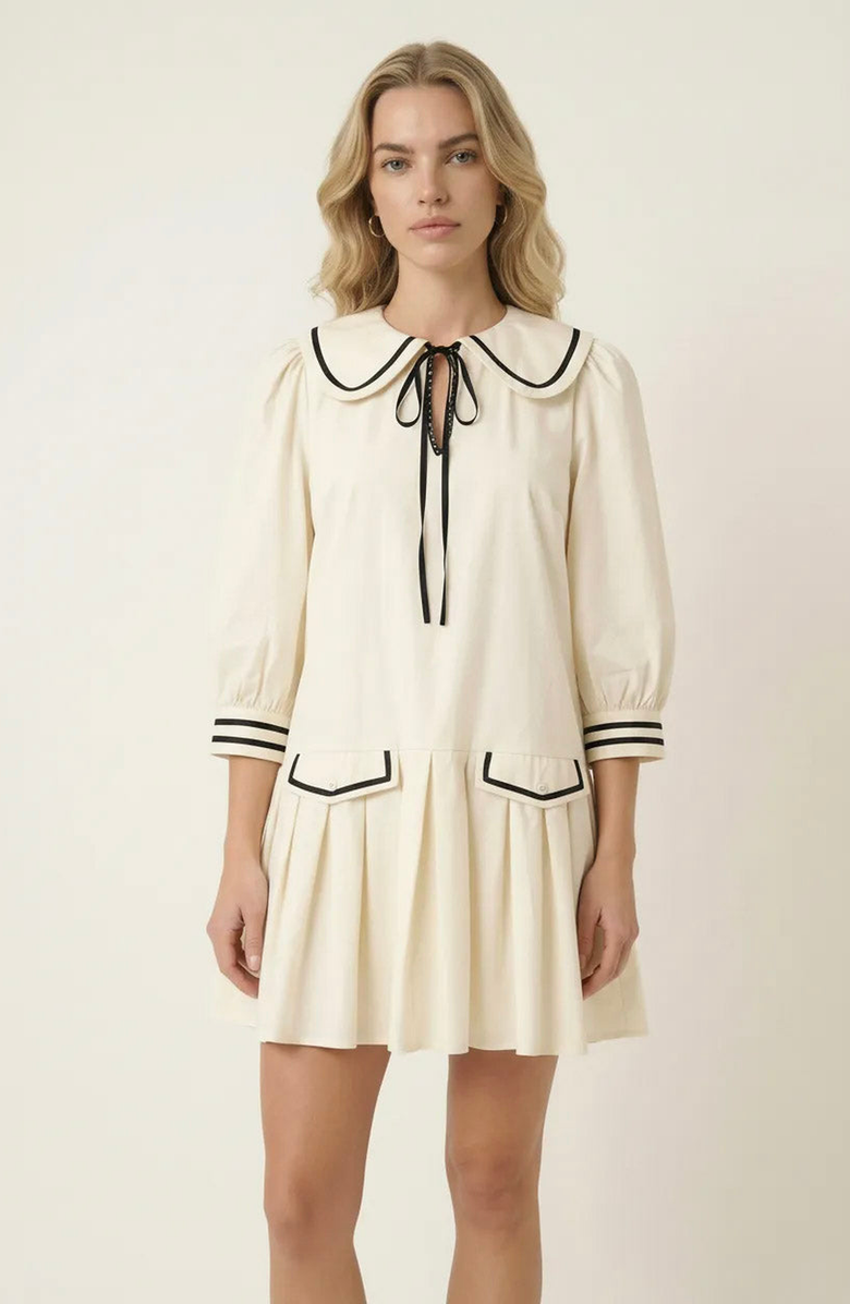 Modenaire Long-Sleeve Pleated Mini Dress, Alternate, color, Off-White / Black