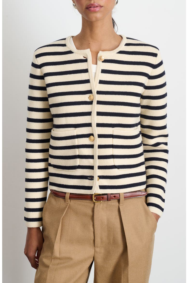 Paris Stripe Cotton & Cashmere Cardigan, Main, color, CREAM/ NAVY
