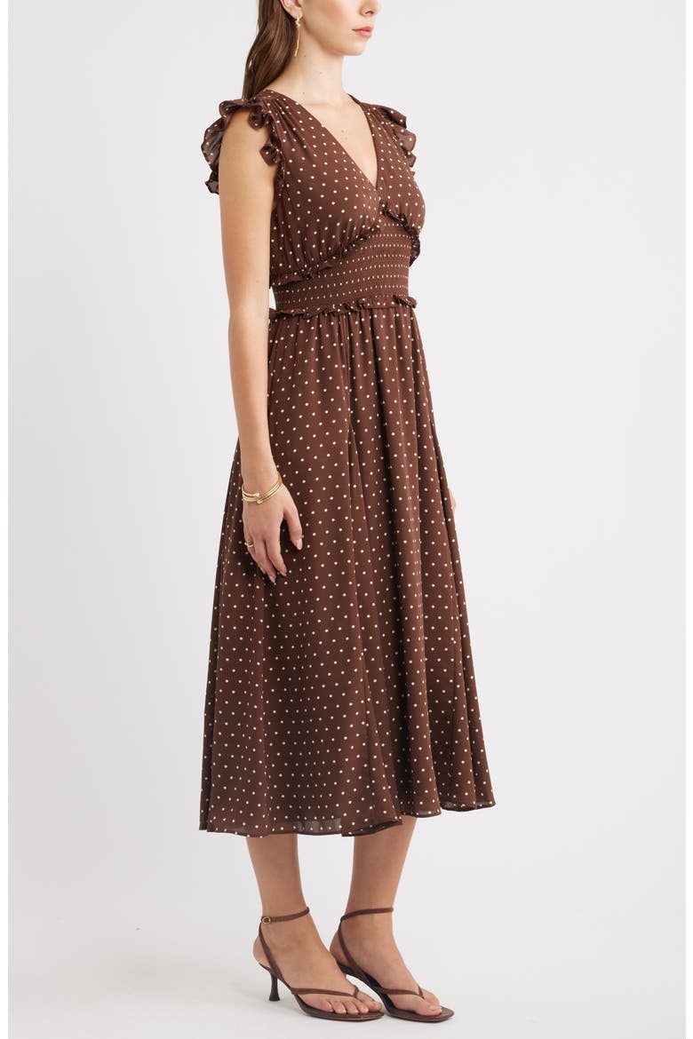 Smocked Chiffon Midi Dress, Alternate, color, BROWN- IVORY KATE DOT