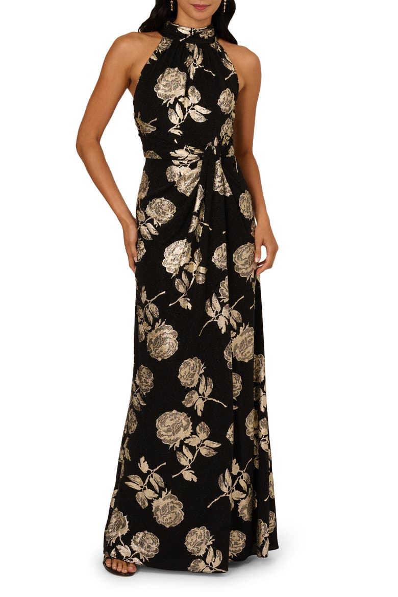 Metallic Floral Mermaid Gown, Main, color, BLACK/ GOLD
