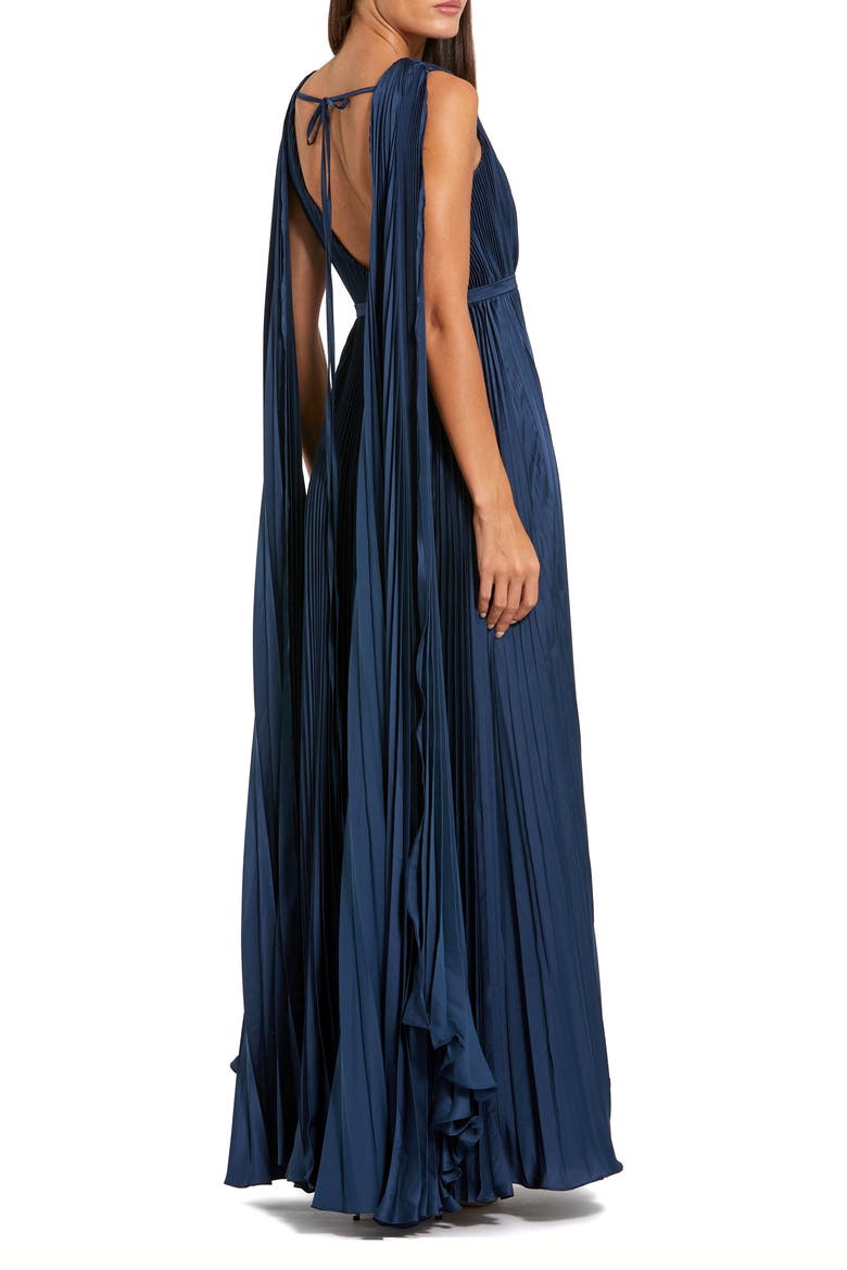 Sleeveless High Neck Cape Back Heat Pleated Gown, Alternate, color, Midnight