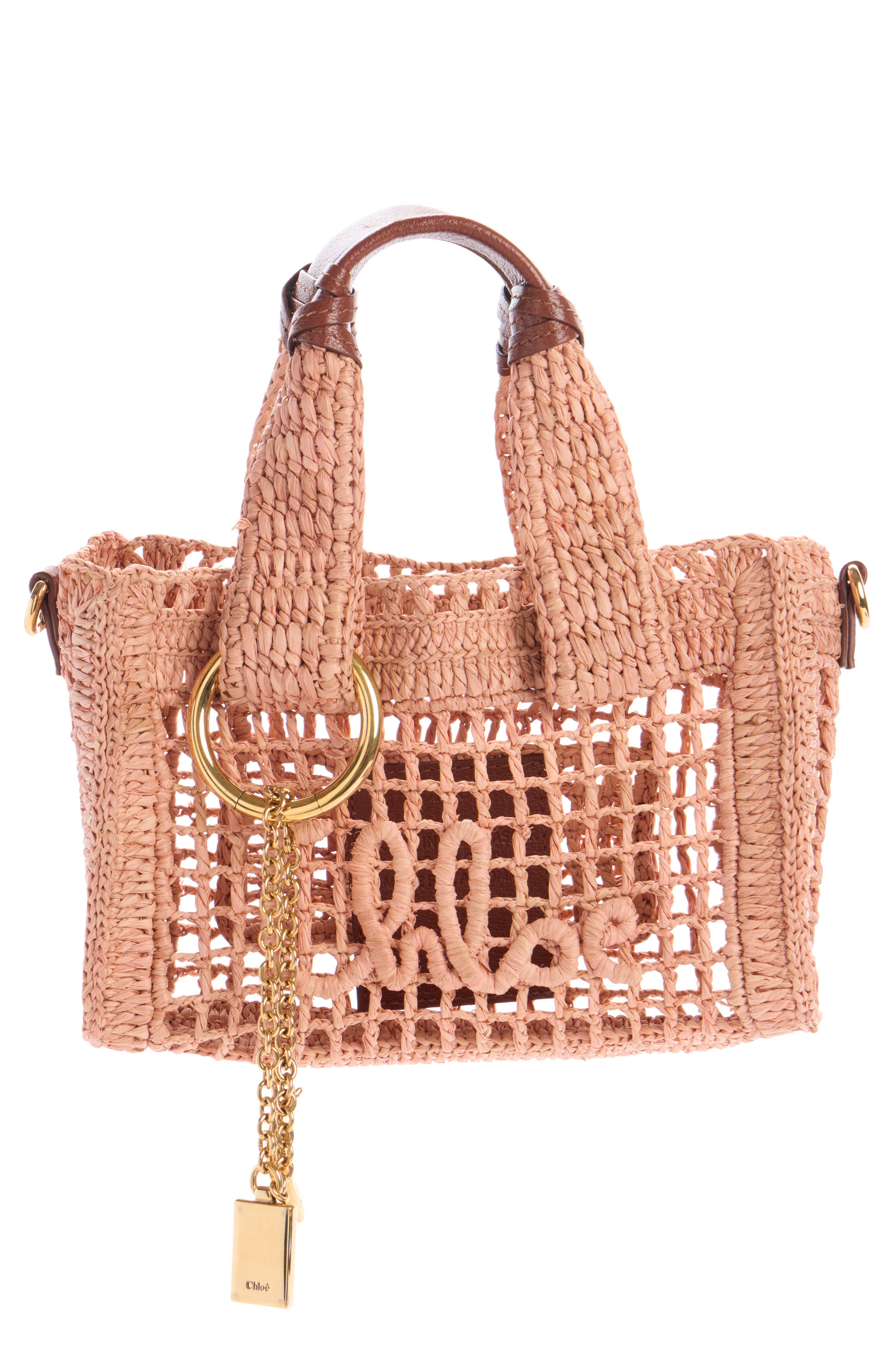 Chloé Mini Summer Banana Crochet Raffia East/West Tote, Main, color, Summery Beige