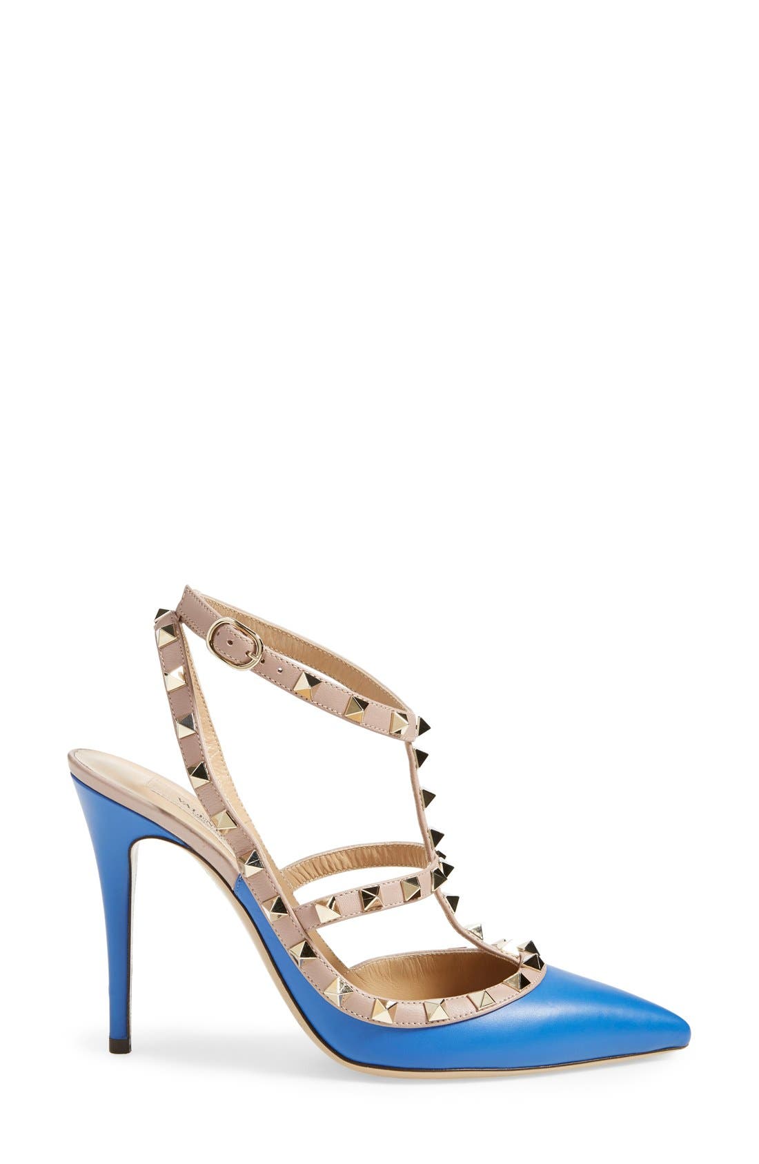 Rockstud Pointed Toe T-Strap Pump, Alternate, color, LIGHT SAPPHIRE LEATHER