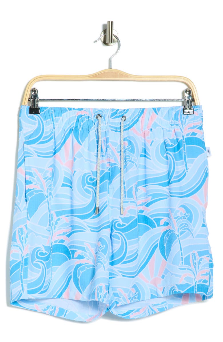 Vintage Summer Seersucker Print 4-Way Stretch Volley Swim Trunks, Main, color, Blue