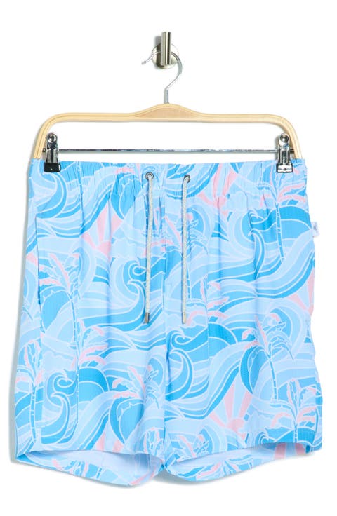 Seersucker Print 4-Way Stretch Volley Swim Trunks