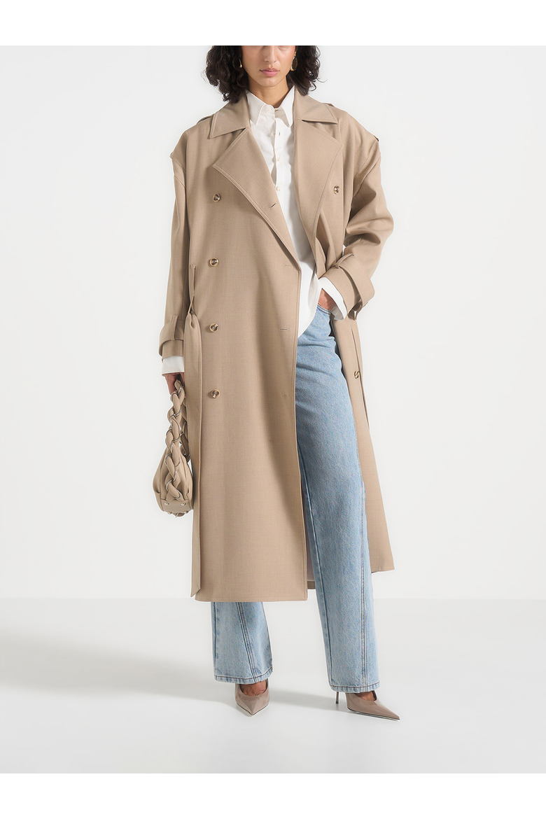 Esther Double Belted Funnel Neck Trench Coat, Alternate, color, Taupe