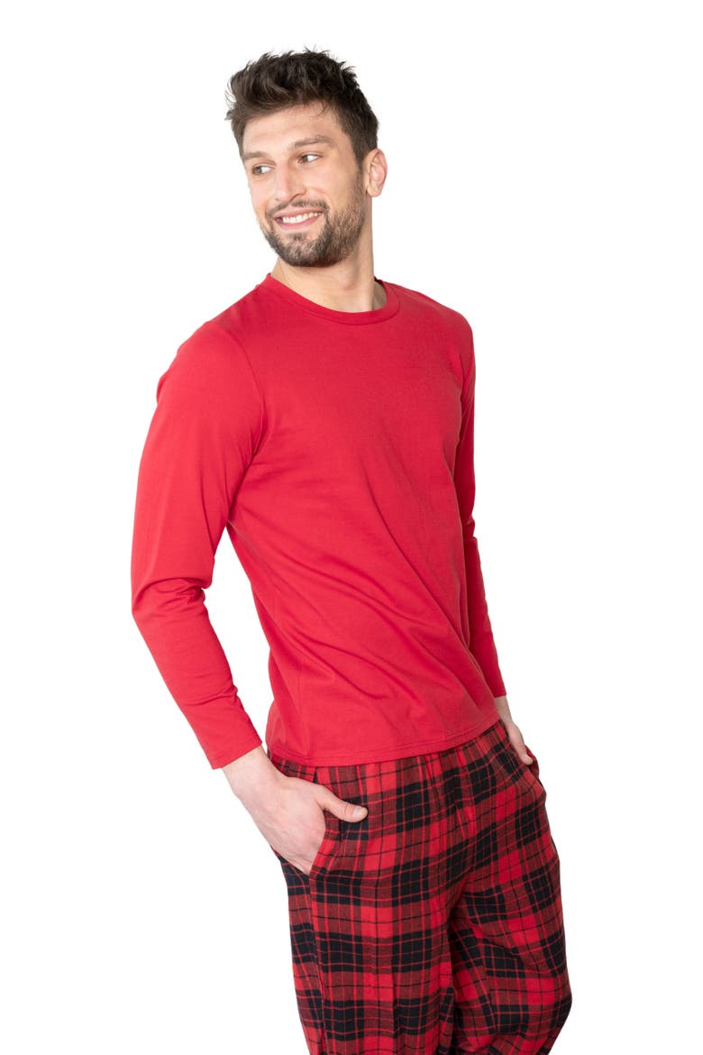 Men's Cotton Top & Flannel Pants Printed Holiday Pajama Set, Alternate, color, Plaid Black & Red