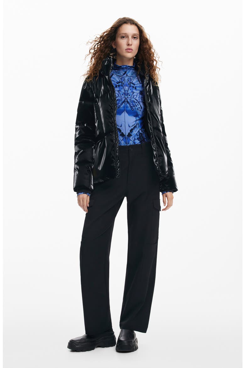 Faux Patent Leather Padded Jacket, Alternate, color, BLACK