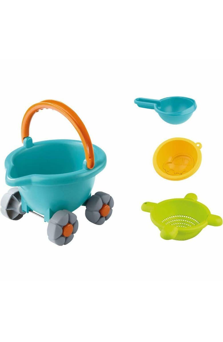HABA Sand Bucket Scooter - 4 Piece Nesting Beach Toy Set, Toddler Beach Essentials with Sand Bucket, Sieve, Shovel, & Pail on Wheels for Toddlers 1-3, Alternate, color, Blue Multi
