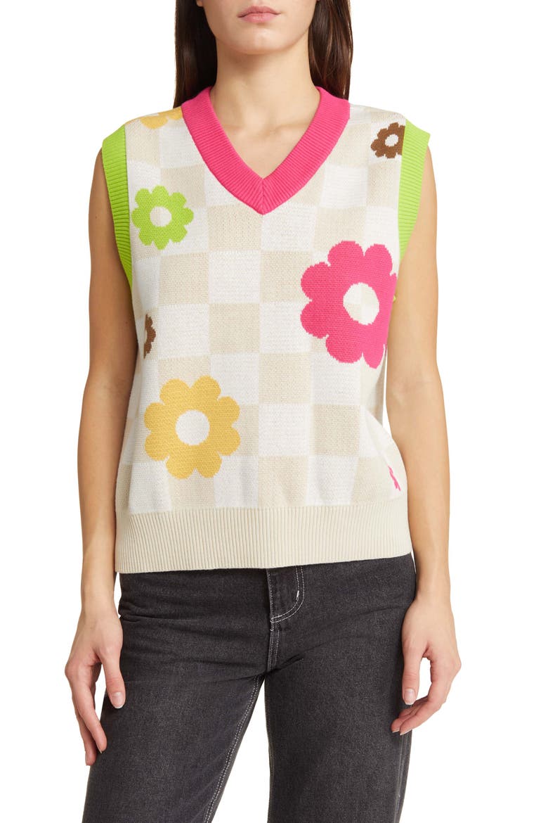 Stella Floral Sweater Vest, Main, color, OATMEAL MENDED CHECK DENIM