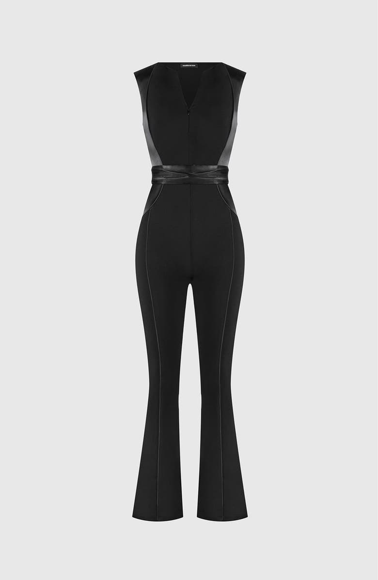 Manière De Voir Satin Contour Flared Jumpsuit, Main, color, Black