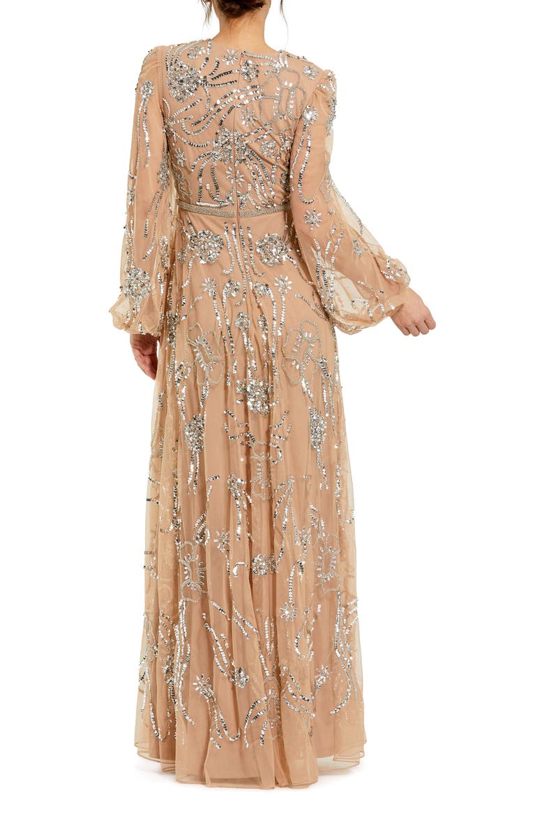 Embellished High Neck Puff Sleeve Gown, Alternate, color, Nude Silver