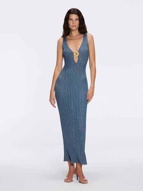 Antibes Metallic Knit Deep V-Neck Maxi Dress with Gold Detail
