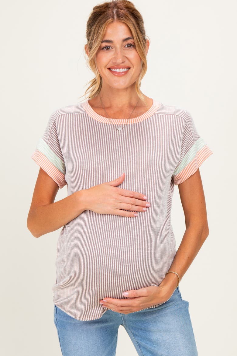 Rib Color Block Short Sleeve Top, Alternate, color, Mocha