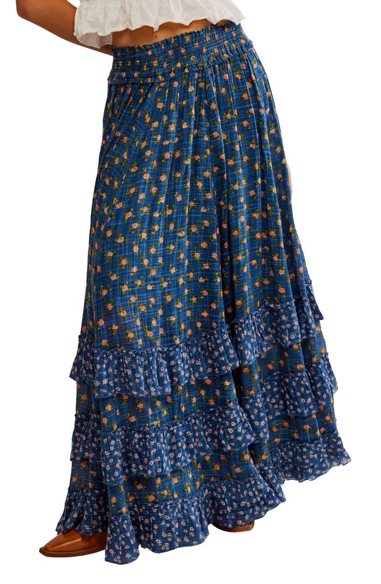 Free People Brynn Mixed Floral Tiered Cotton Blend Maxi Skirt, Main, color, Chambray Combo- Dits