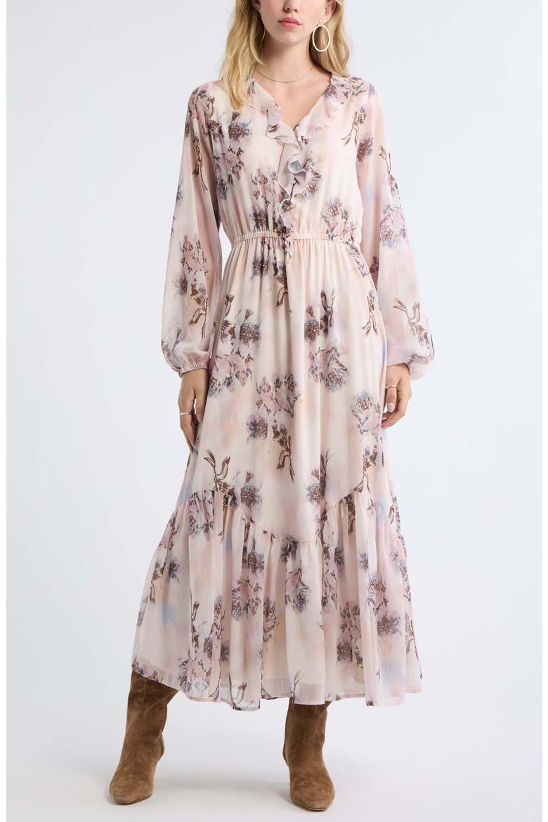 Ruffle Chiffon Maxi Dress, Main, color, IVORY DAPPLED ROSES
