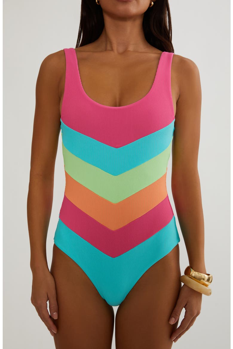 Cinthia Rib Stripe One-Piece Swimsuit, Alternate, color, AQUA HAZE COLORBLOCK