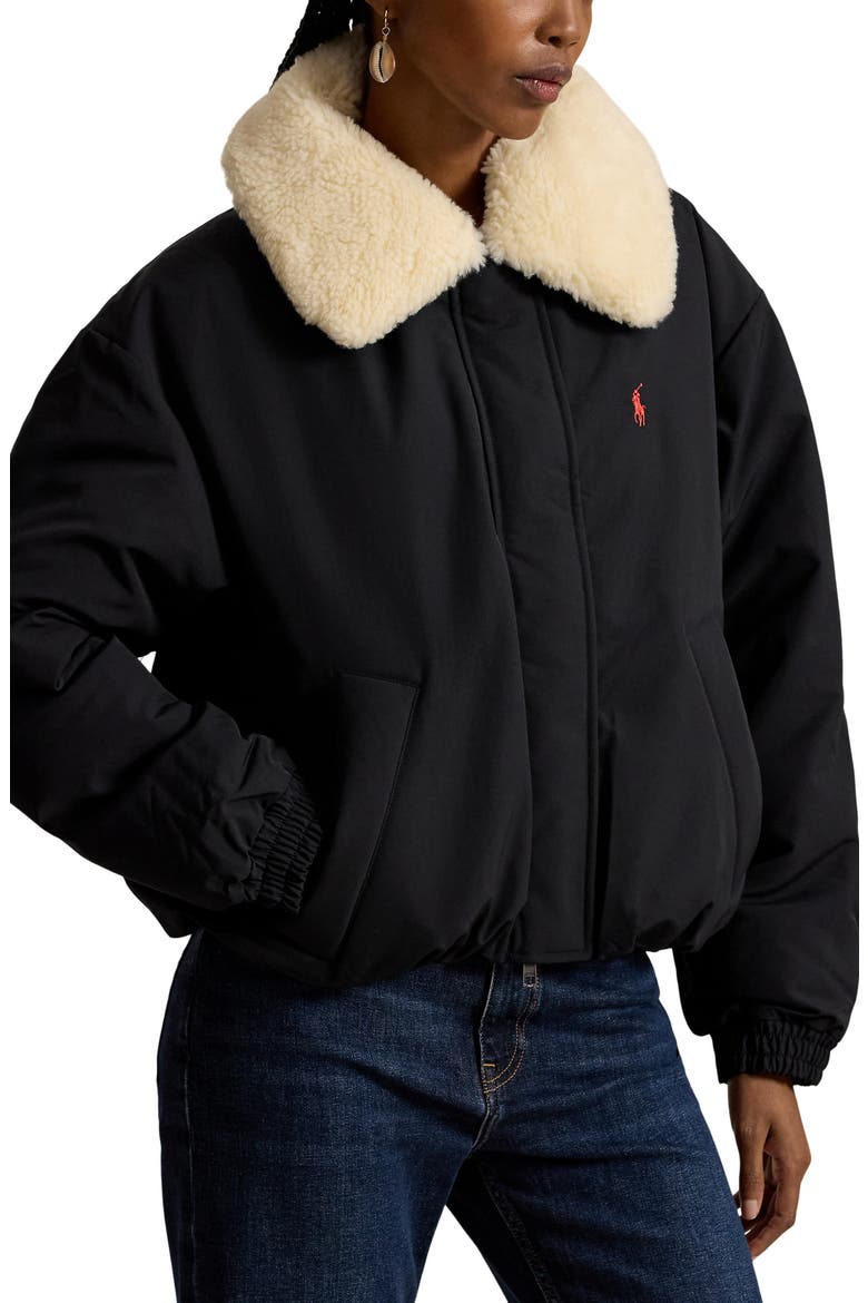 Down Puffer Jacket with Faux Shearling Collar, Main, color, BLACK