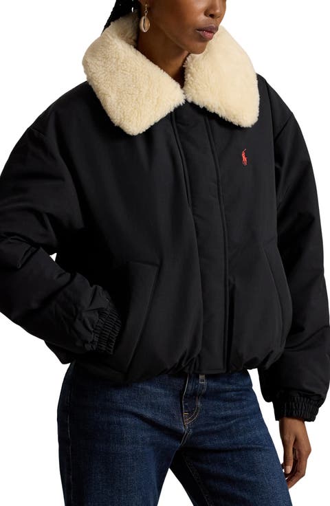 Down Puffer Jacket with Faux Shearling Collar