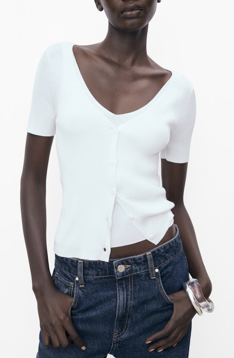 MANGO Rib Short Sleeve Cardigan, Main, color, White