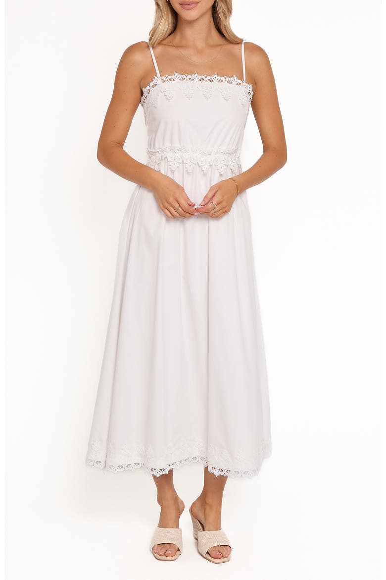 Kiana Lace Trim Cotton Midi Dress, Main, color, WHITE