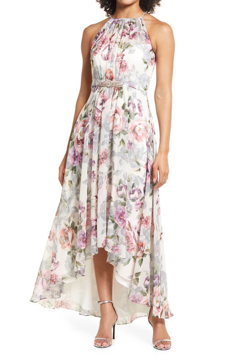Eliza J Floral Halter Neck High-Low Cocktail Dress, Main, color, 
