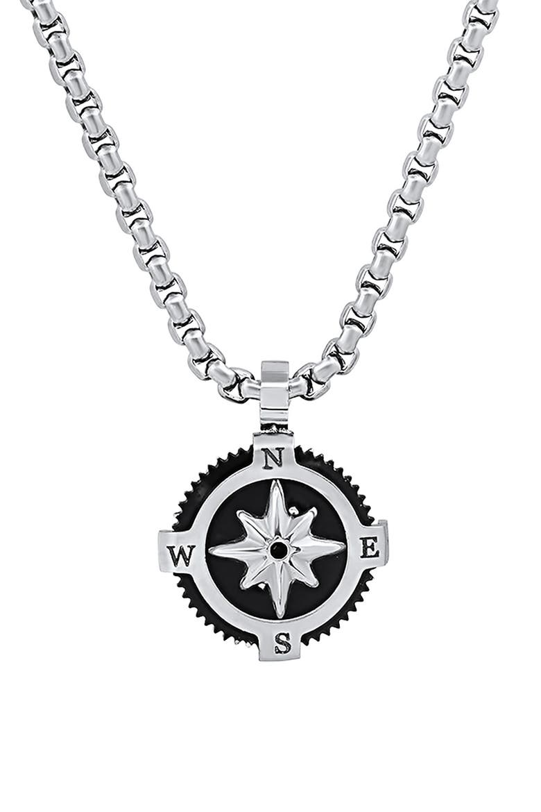 Men's Black Enamel Compass Pendant Necklace, Alternate, color, SILVER/ BLACK