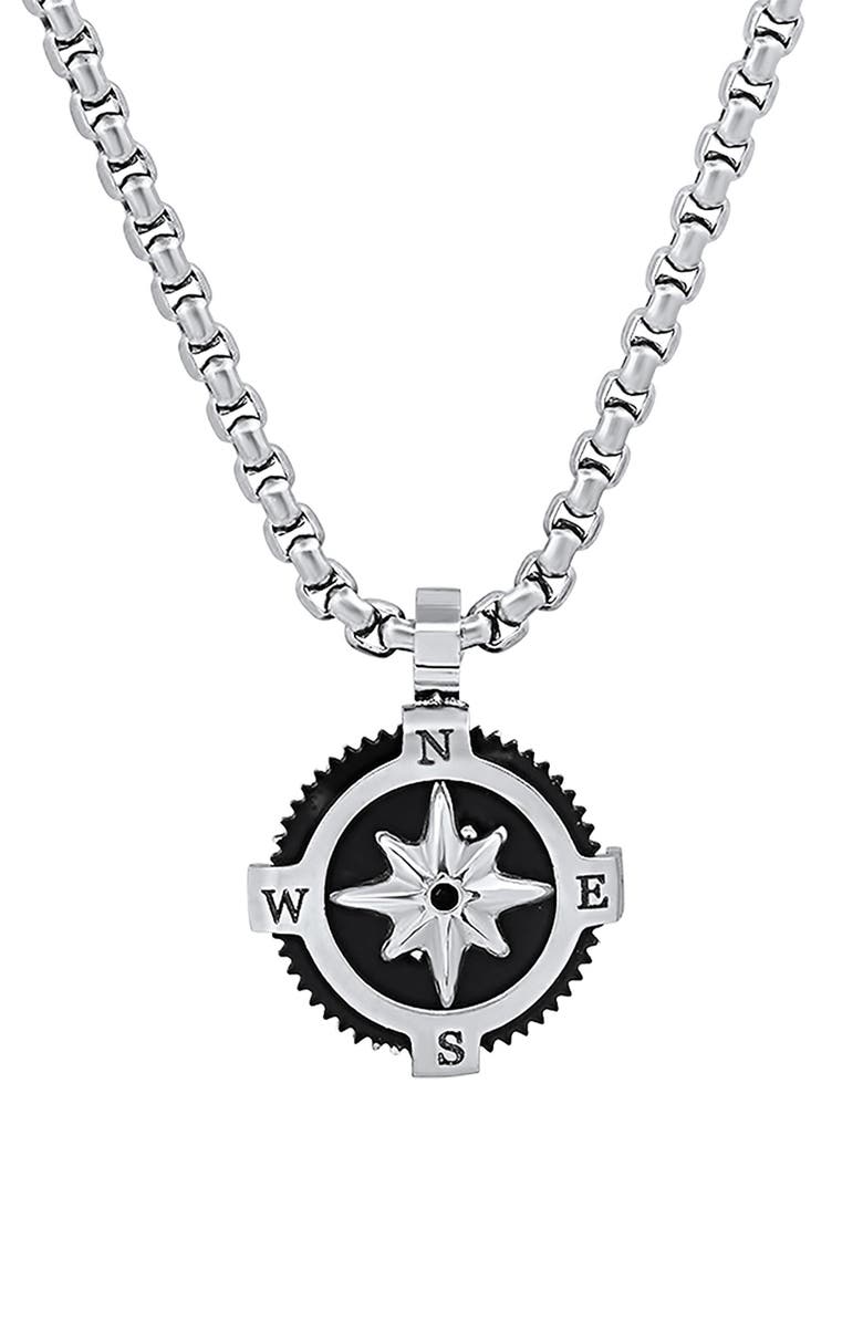 HMY JEWELRY Men's Black Enamel Compass Pendant Necklace, Alternate, color, Silver/ Black
