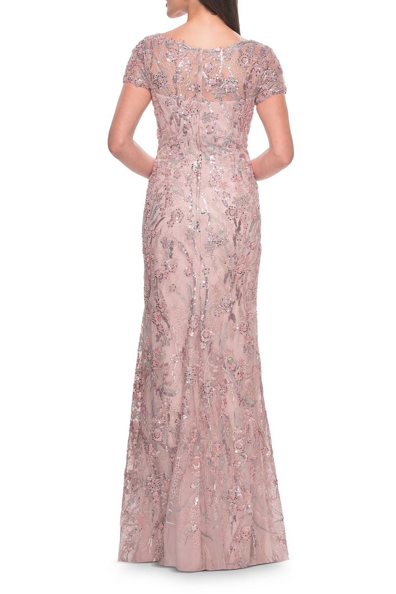 Stunning Beaded Lace Evening Gown with Short Sleeves, Alternate, color, Mauve