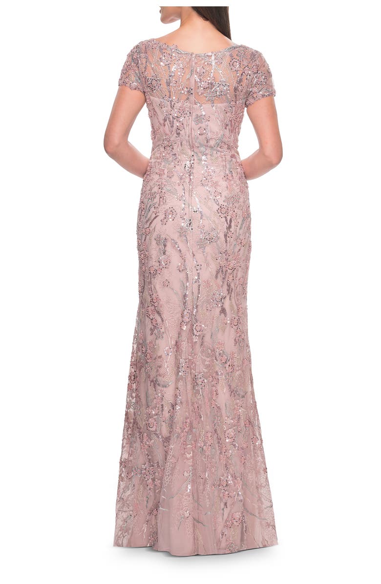 La Femme Stunning Beaded Lace Evening Gown with Short Sleeves, Alternate, color, Mauve