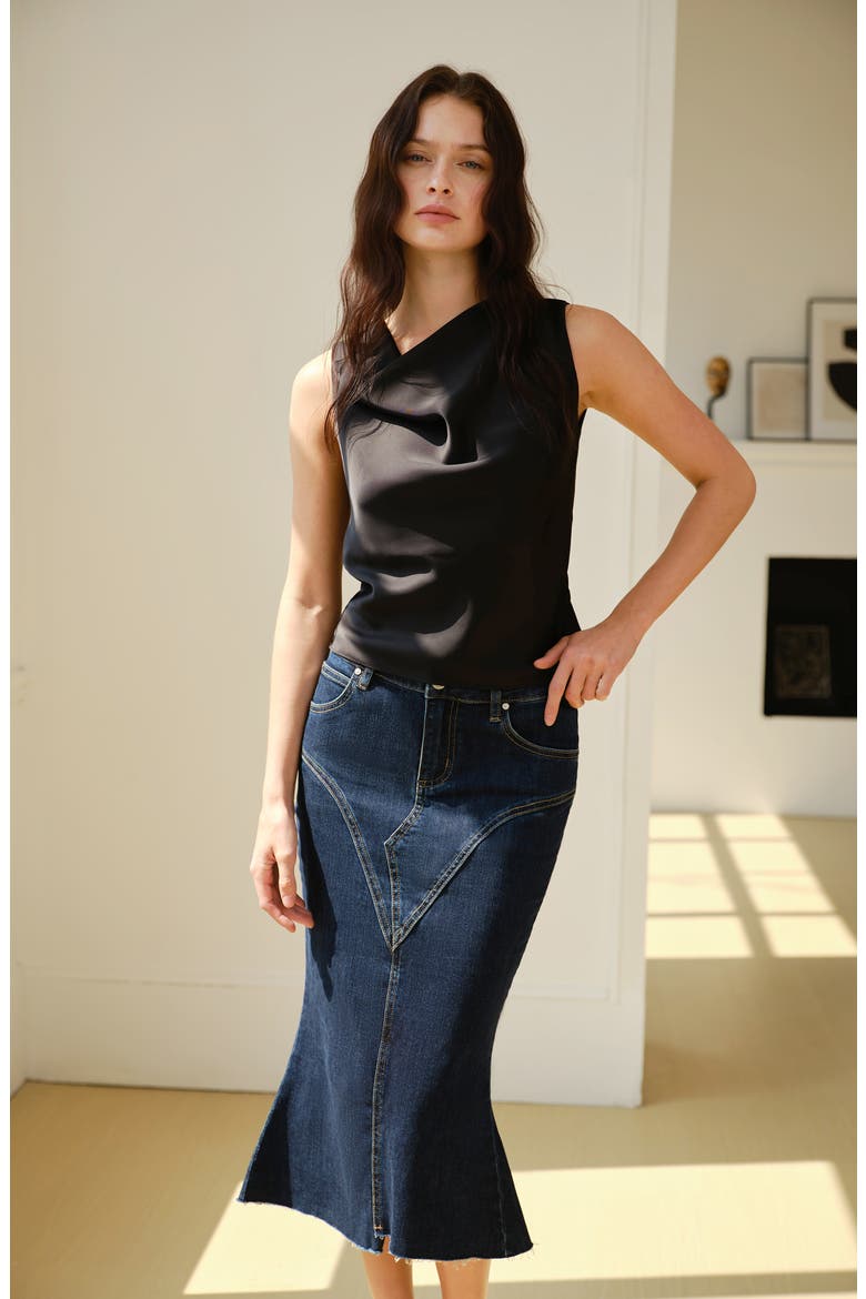 Erin Raw Fishtail Hem Denim Skirt, Alternate, color, DARK BLUE