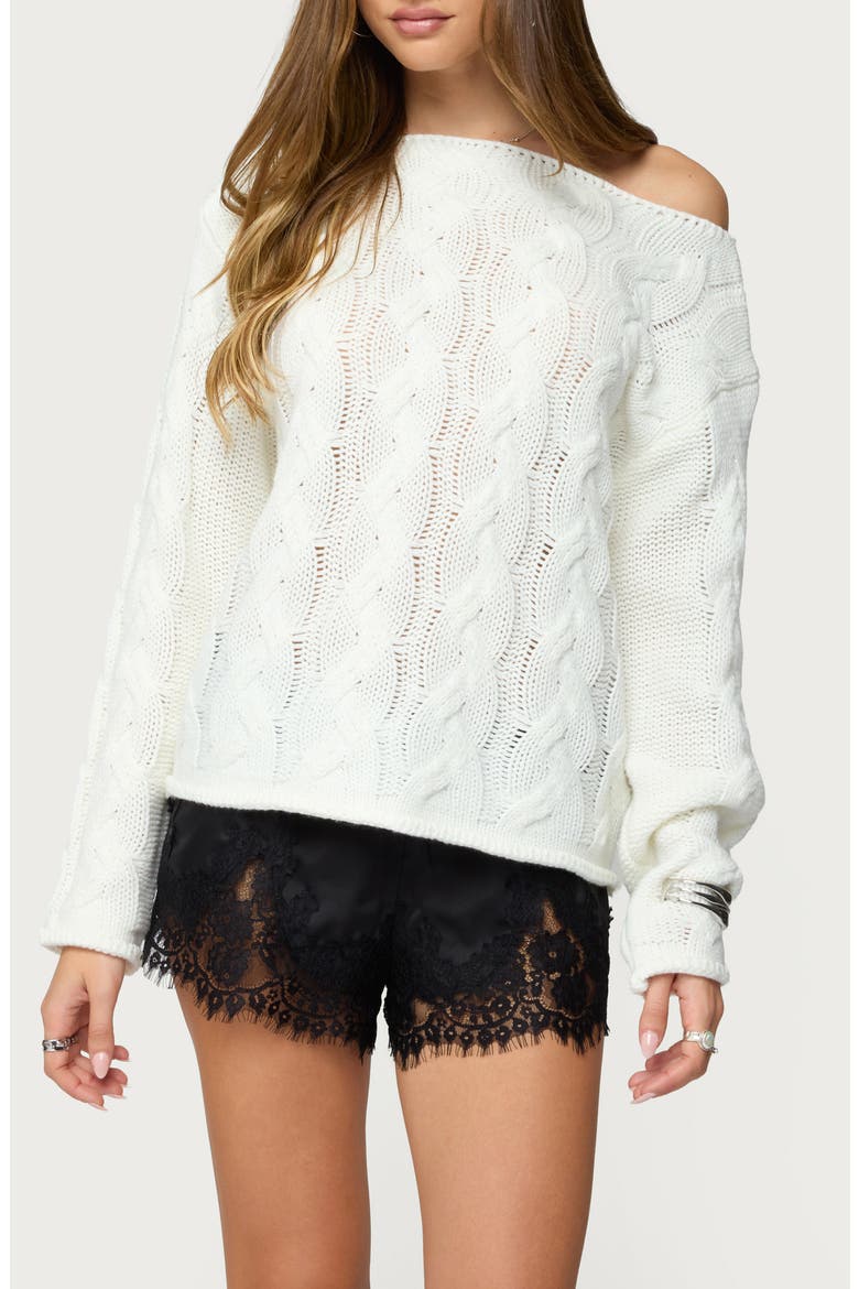 Nellie One-Shoulder Cable Stitch Sweater, Main, color, CREAM