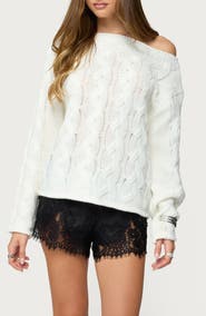 EDIKTED Nellie One-Shoulder Cable Stitch Sweater