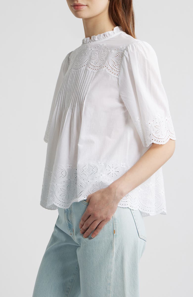 Madewell Embroidered Pintuck High Neck Cotton Voile Top, Alternate, color, White
