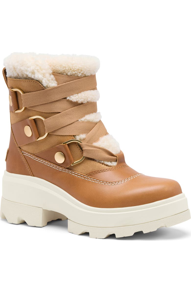 SOREL Joan FRWD Cozy Genuine Shearling Trim Waterproof Boot, Main, color, Tawny Buff/ Honey White