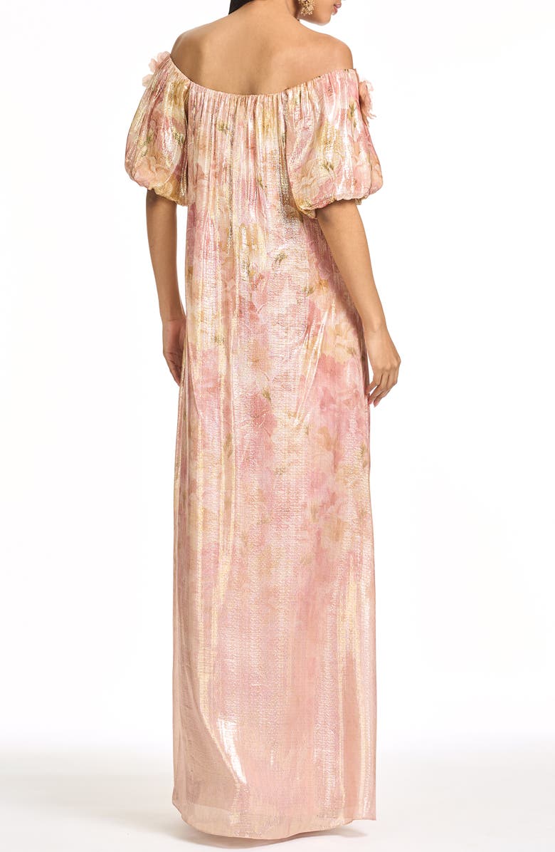 Sachin & Babi Valentina Metallic 3-D Floral Detail Off the Shoulder Gown, Alternate, color, Sunset Garden