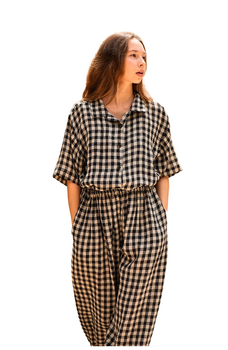 PINK HALEY Vanessa Linen Gingham Shirt, Main, color, Black Gingham