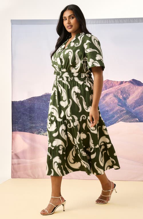 Estelle Sandswept Faux Wrap Midi Dress In Green Print