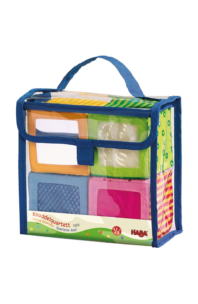 HABA Soft Blocks for Babies 6-12 Months, Happy Quartett Sensory Toy Features a Unique Sound & Texture in All 4 Baby Blocks, Main, color, Multi