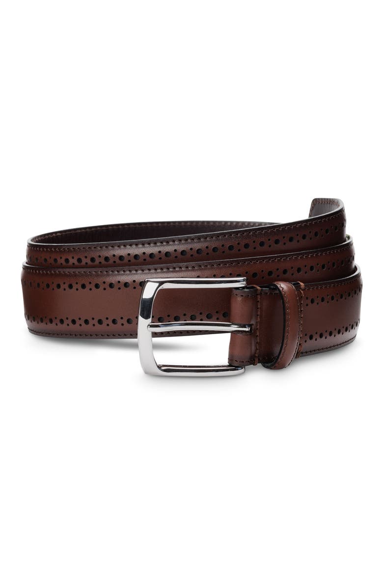 Manistee Brogued Leather Belt, Main, color, DK CHILI BURNISHED