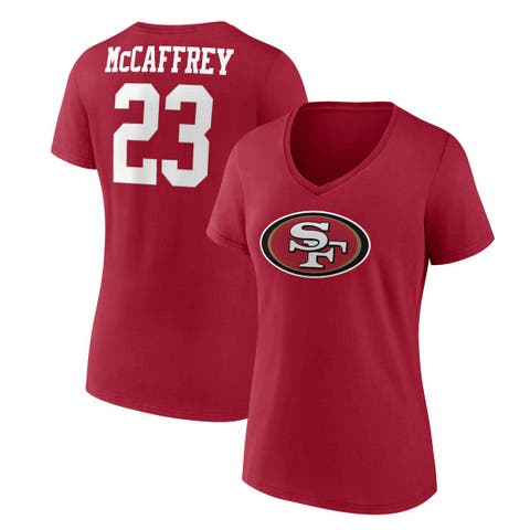 Women's Fanatics Branded Christian McCaffrey  Scarlet San Francisco 49ers Player Icon Name & Number V-Neck T-Shirt
