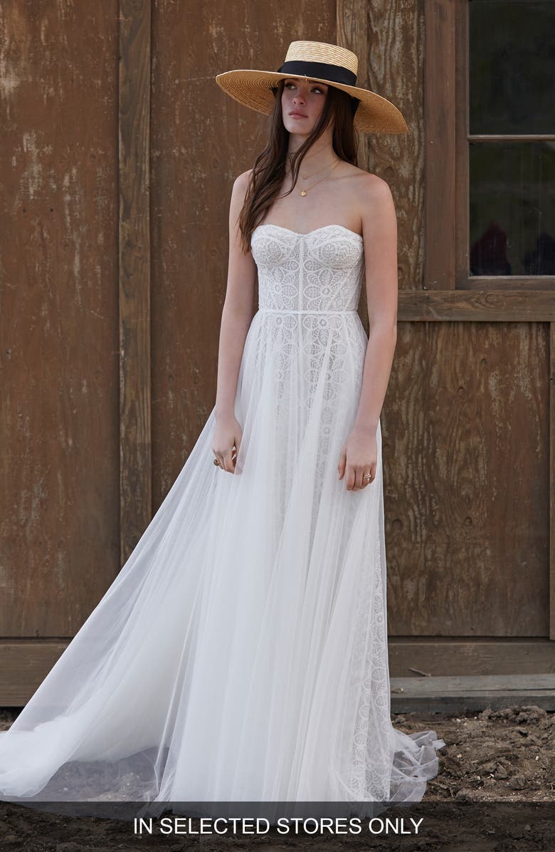 Willowby Ophelia Beaded Lace Strapless A-Line Wedding Dress, Main, color,